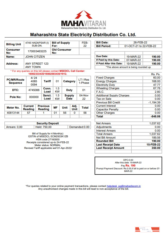 India Mahavitaran Co Ltd utility bill